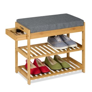 Relaxdays Schuhbank Bambus Natur Grau Gepolstert mit Schublade 49 cm x 55 cm x 30 cm 3,8 kg