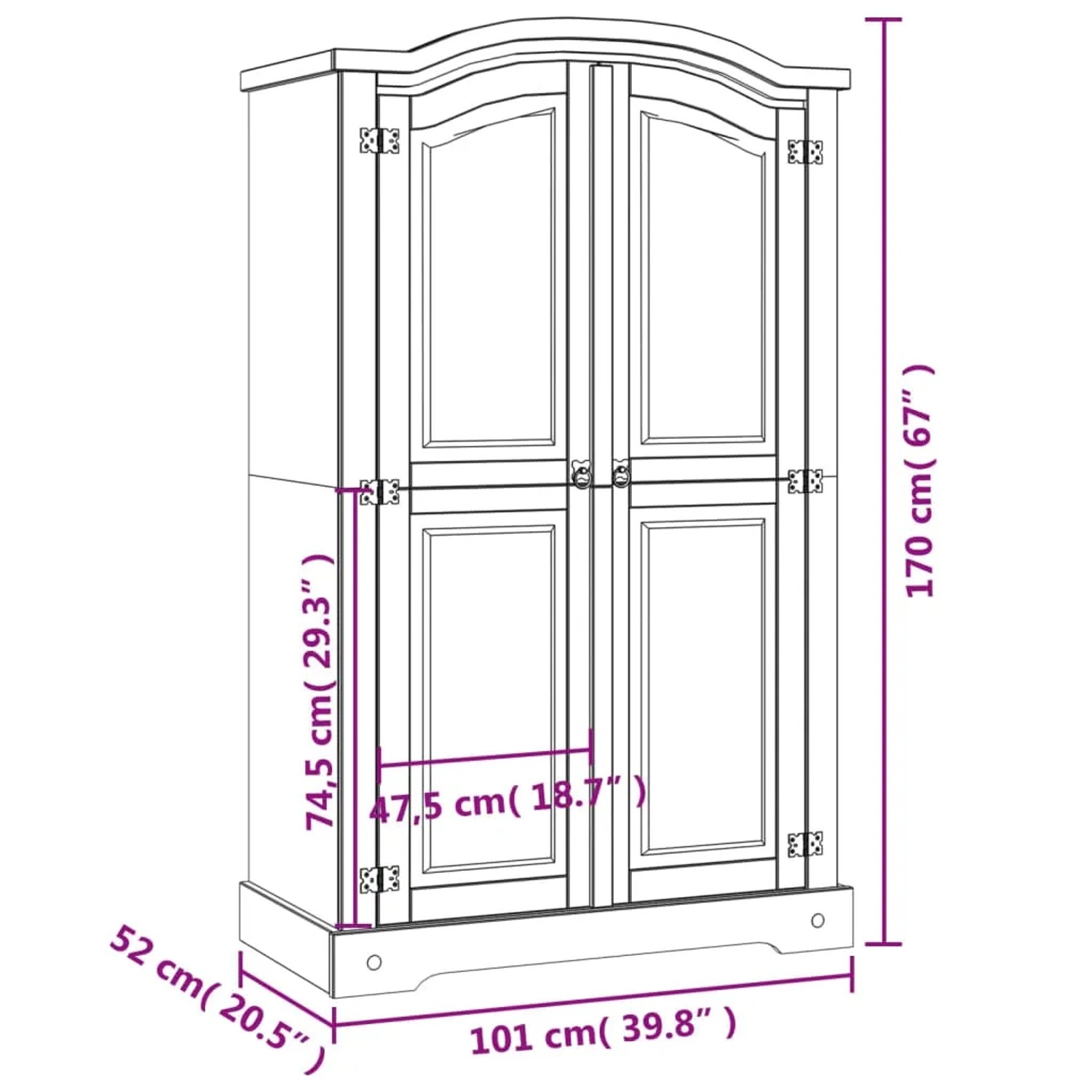 vidaXL Kleiderschrank im Mexiko-Stil, Kiefernholz, 2 Türen, braun. Schrank mit Einlegeboden und Kleiderstange.