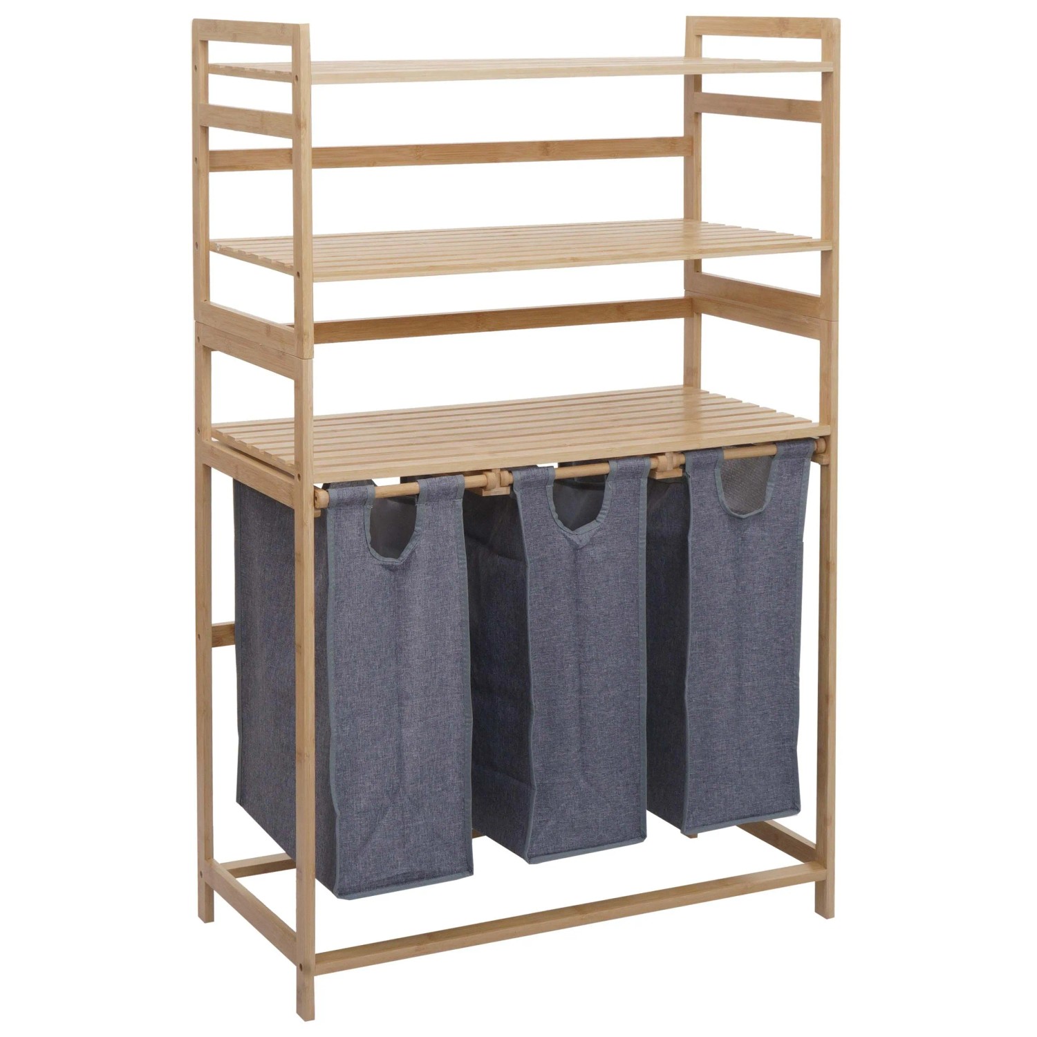 MCW Bambus Wäschesammler P78  3 Ablagen 125x80x40cm 135L Grau