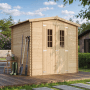 Beige-braunes Timbela Holz-Gartenhaus M369C (4,33 m²) mit Doppeltür und Fenster.