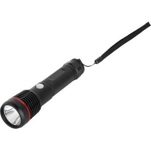 Schwarze Stabtaschenlampe Akku-Line LED mit Handschlaufe und USB-Ladekabel.