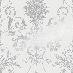 Laura Ashley Vliestapete Josette Metallic Silver mit floralem Damastmuster.