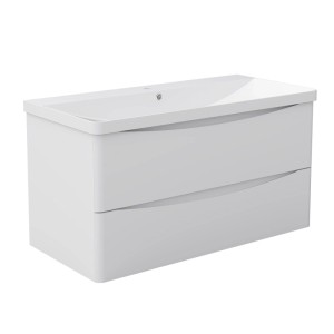 AICA Badmöbel-Set, 100 cm, mit Waschbecken, Unterschrank, hochglanz weiß, grifflos und Softclose Schubladen.