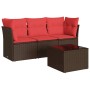 Braune 4-tlg. vidaXL Garten-Sofagarnitur aus Rattan mit roten Kissen und Tisch mit Glasplatte.