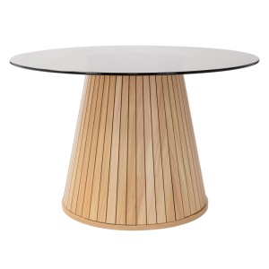 Runder Couchtisch mit klarer Glasplatte und konischem Fuß in brauner Holz-Optik, Ø80x50 cm.
