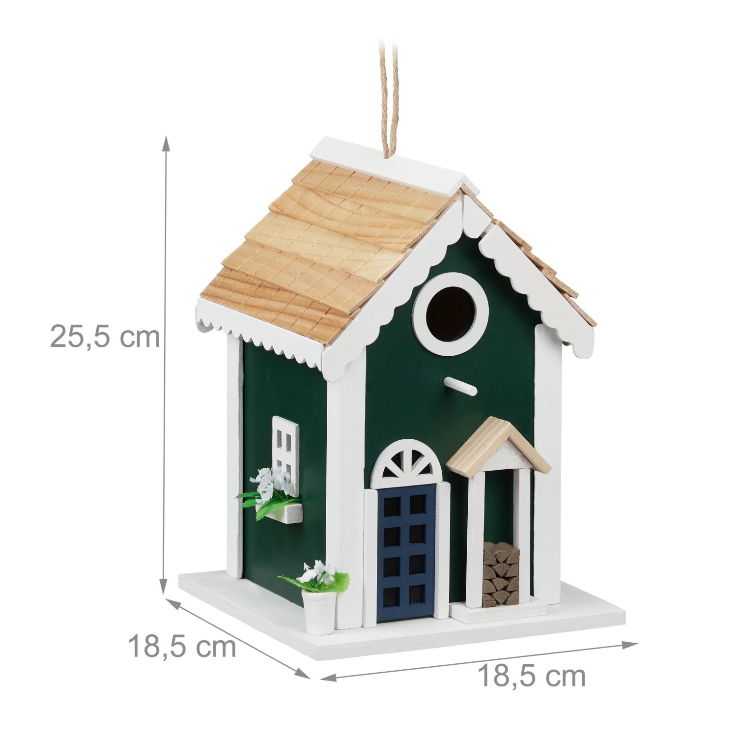 Relaxdays Vogelhaus Landhaus Holz Grün Weiß Natur Hängend 25,5 cm x 18,5 cm x 18,5 cm 800 g_4