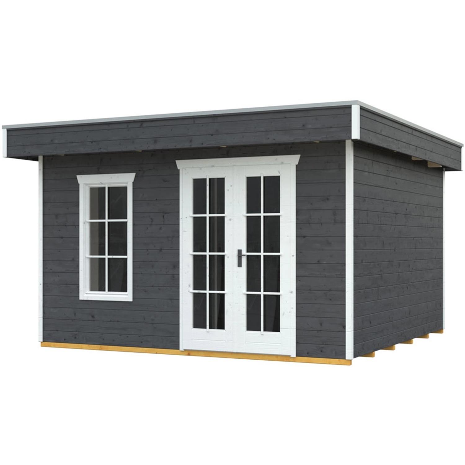 Skan Holz Gartenhaus Breda, schiefergraues Holzhaus mit Flachdach, Fenster und Doppeltür.