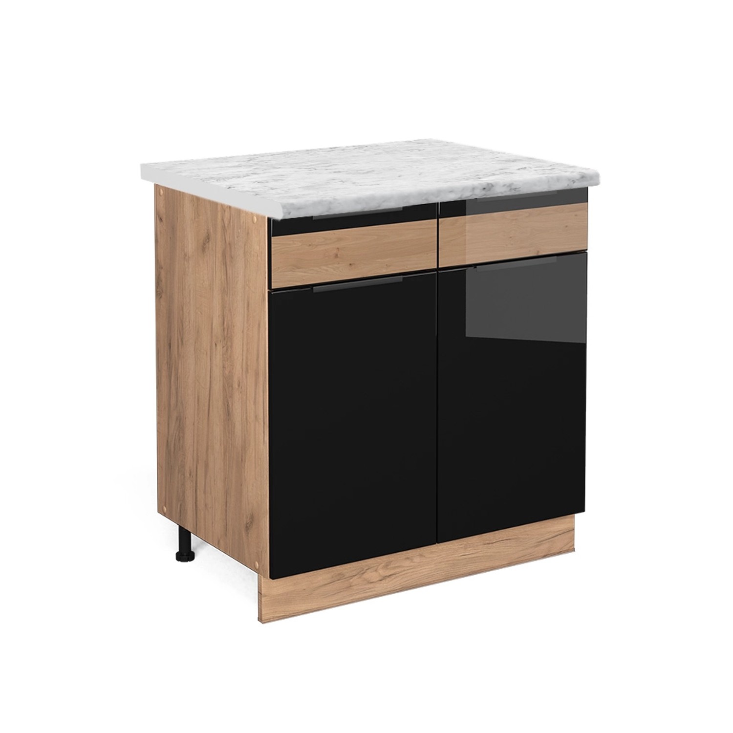 Vicco Küchenunterschrank Fame-Line Schwarz Eiche hochglanz/Goldkraft Eiche 80 cm AP Marmor