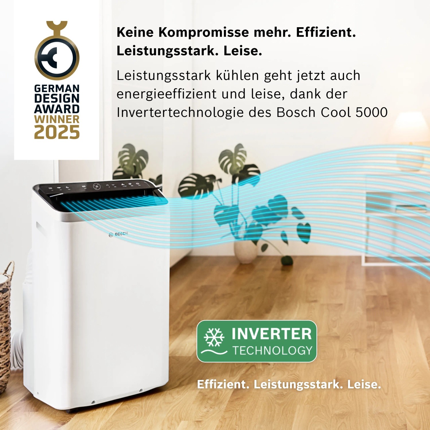 Mobiles Bosch Klimagerät Cool 5000 mit Inverter-Technologie im Wohnraum.