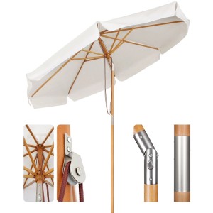 Sekey Holz Sonnenschirm, rund, 300cm, knickbar, creme-farben, mit Details zu Knickfunktion und Seilzug.