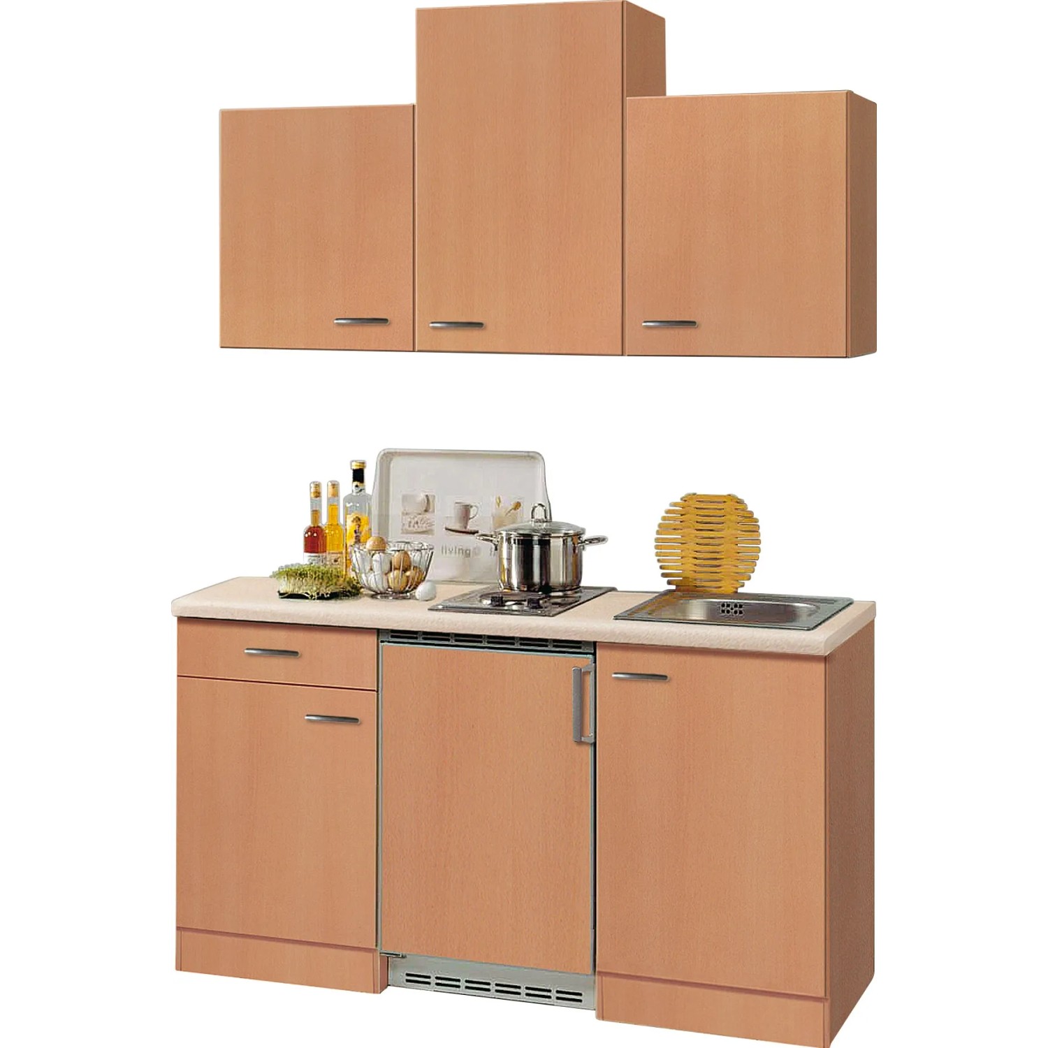 Flex-Well Miniküche Classic Nano 150 cm in Buche Nachbildung mit Hängeschränken.