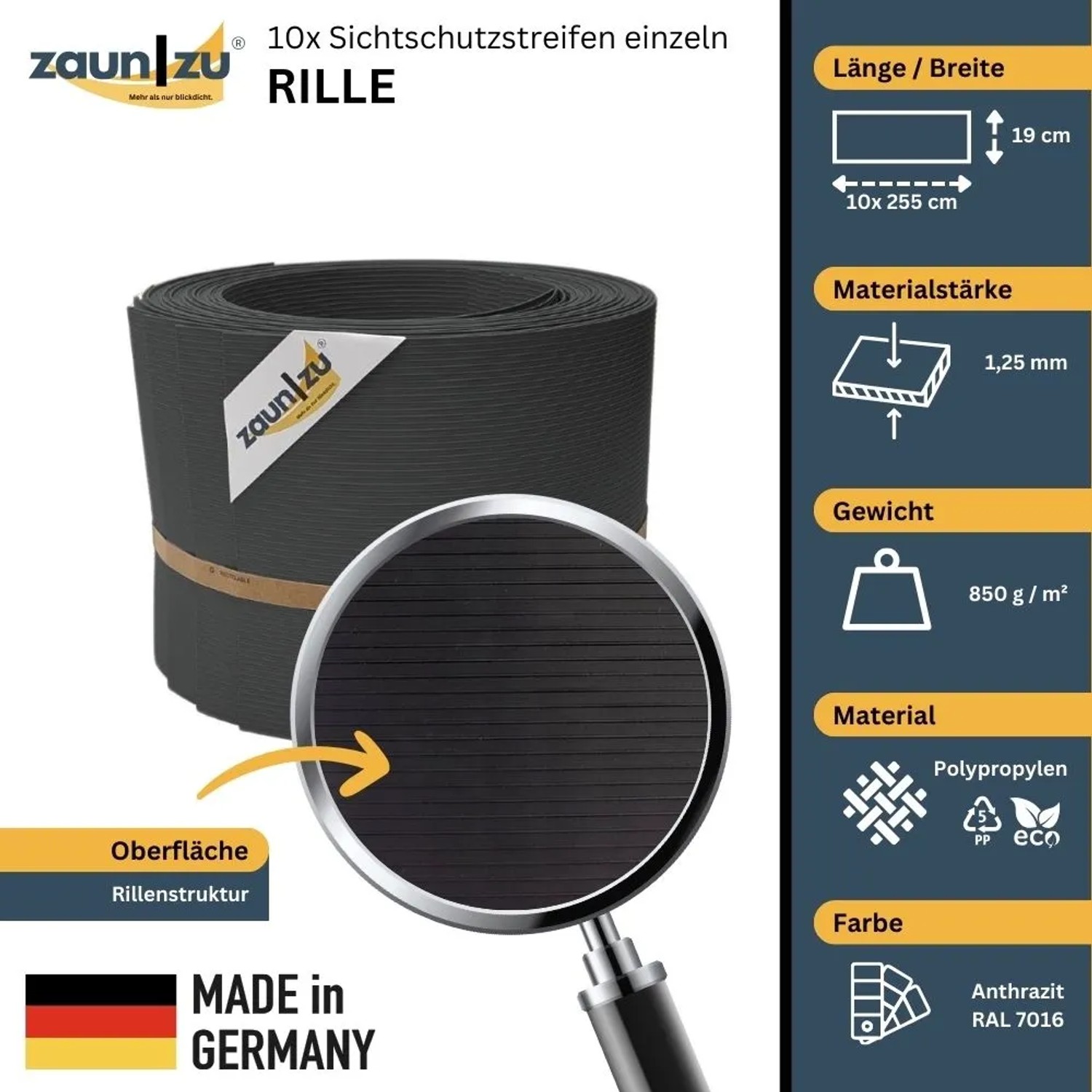 zaunzu Sichtschutzstreifen Rille, 10er Set, anthrazit, für Doppelstabmattenzäune.