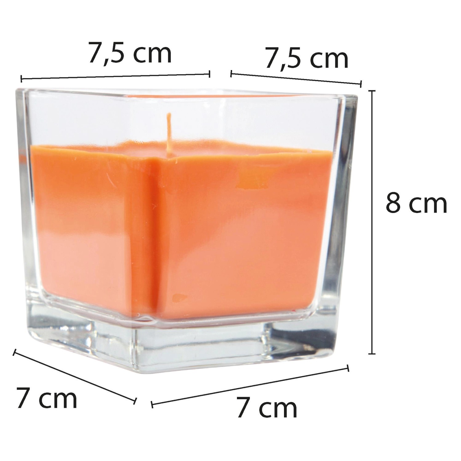 Orange Duftkerze im Glas, viereckig, mit Ostermotiv Hase & Korb, 50h Brenndauer.