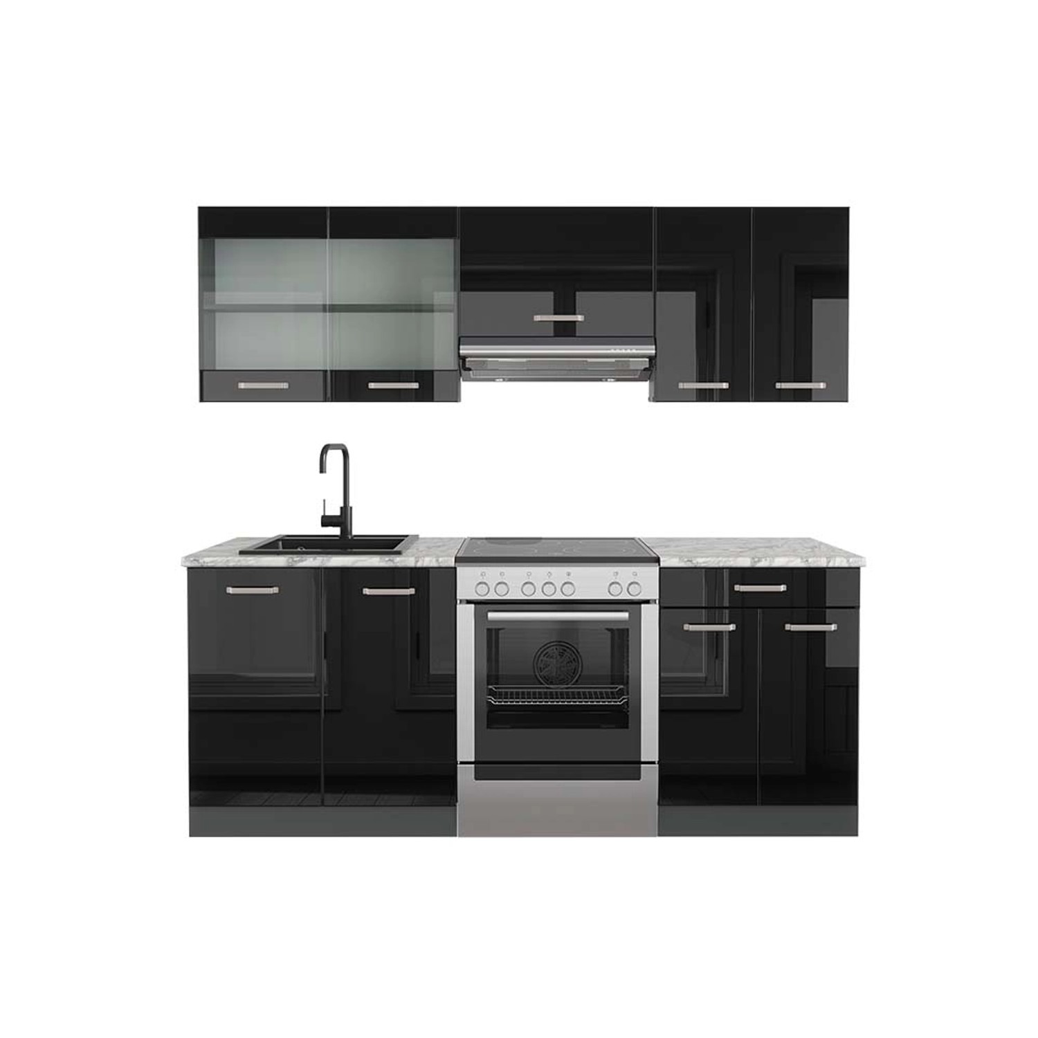 Vicco R-Line Küchenzeile Schwarz Hochglanz/Anthrazit 200 cm AP Marmor günstig online kaufen