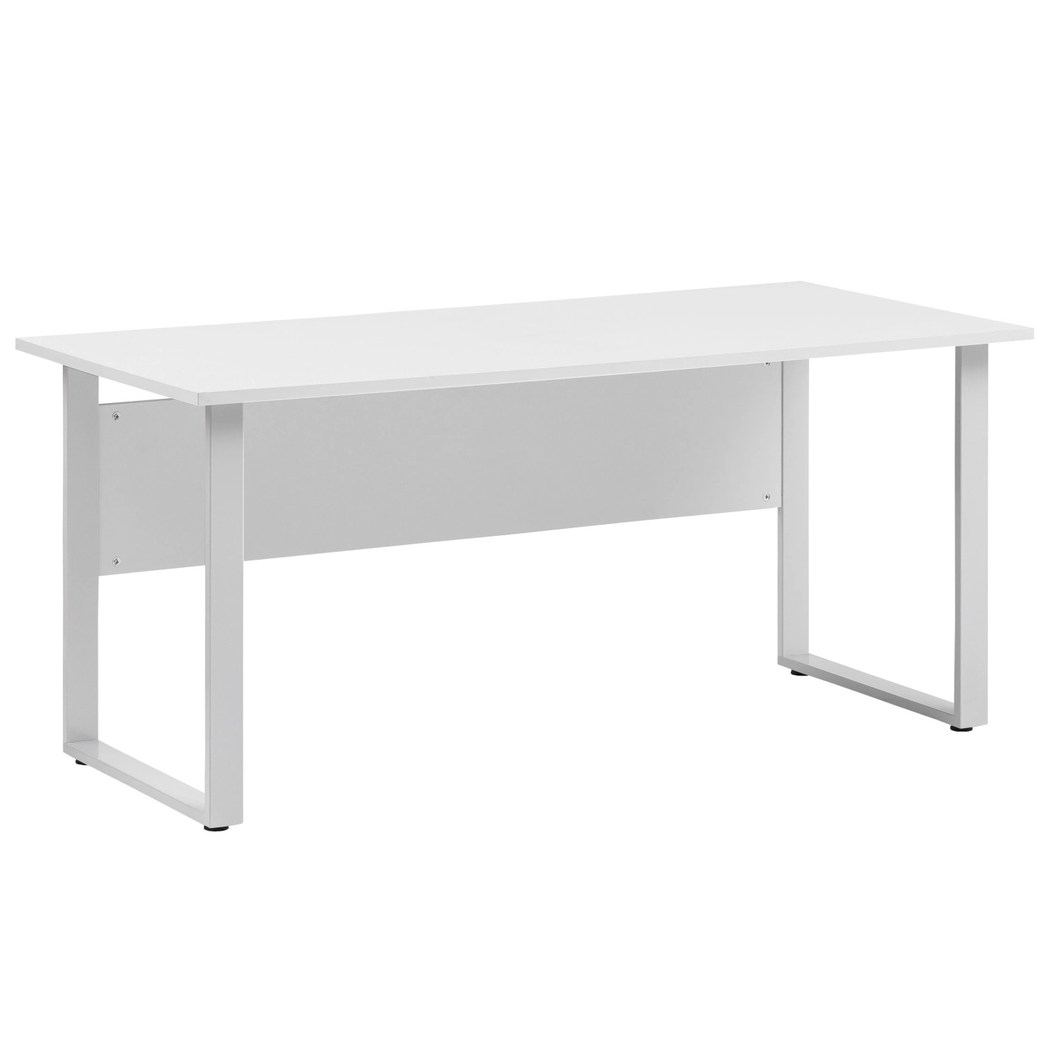 Schildmeyer Schreibtisch Serie 1500, lichtgrau, mit Metallfußgestell in Silber.