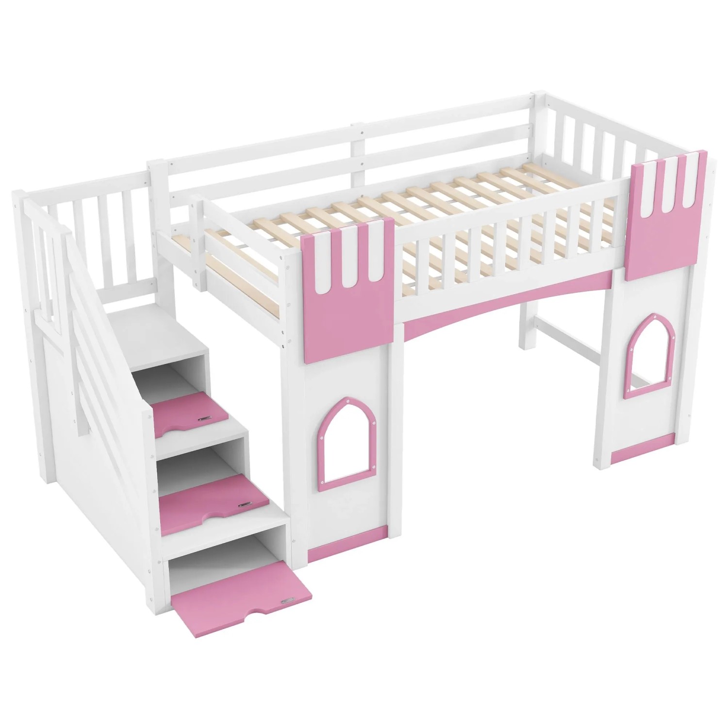 okwish Hochbett 90x200cm mit Stauraumtreppe und Fenster Rosa ohne Matratze