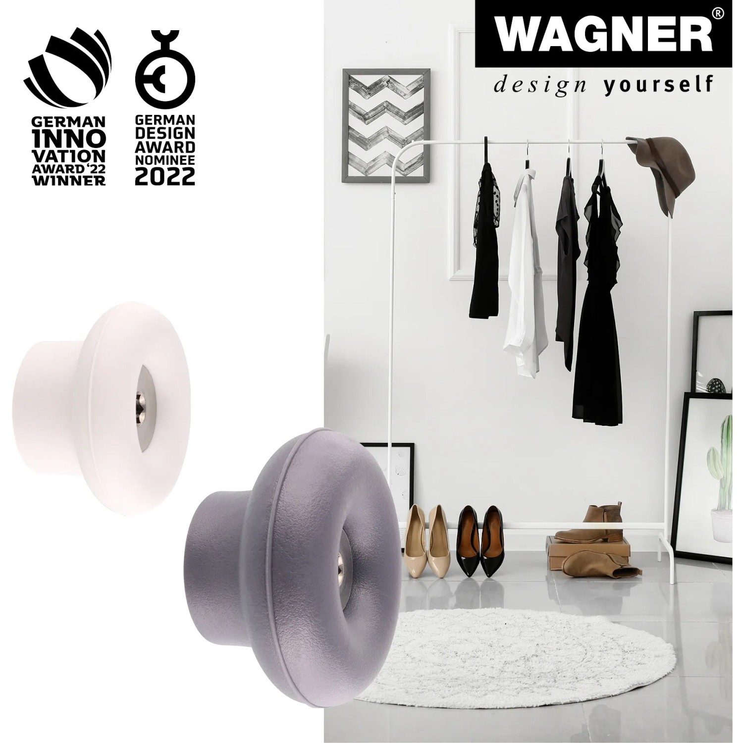 Wagner Wandhaken-Set Dot, 4 Stück, schiefergrau und lichtgrau. Dekorative Haken für Küche, Bad und Flur.