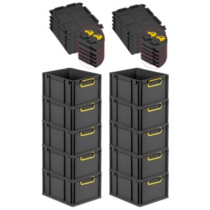PROREGAL SuperSparSet: 10 schwarze Euroboxen mit gelben Griffen und Scharnierdeckel, 20 Liter.