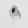 Detailaufnahme: Dübel mit fischer Bohrloch Retter Reparaturvlies in einer Wand.