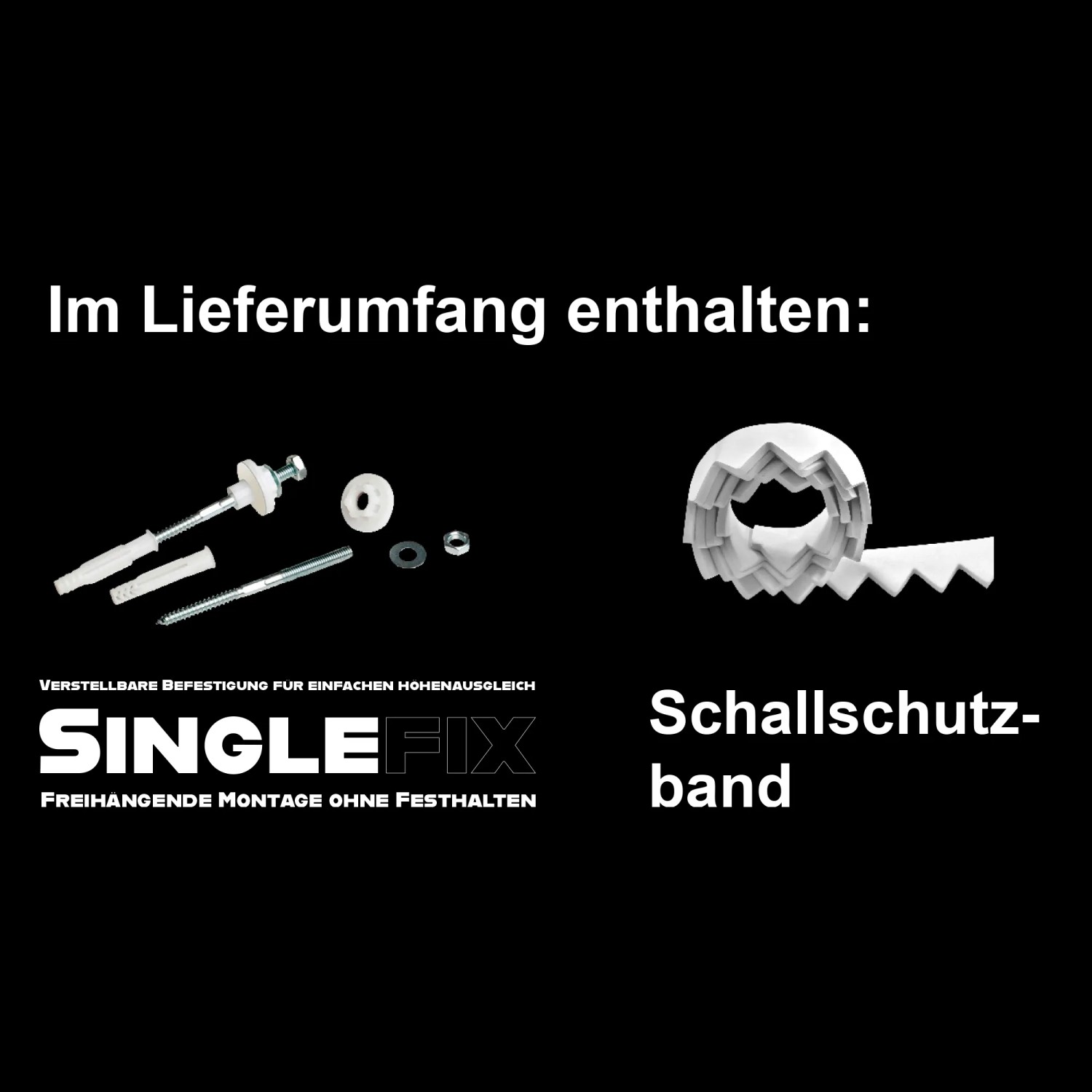Zubehör für Domberg Waschtisch: Befestigungsmaterial (SingleFix) und Schallschutzband.