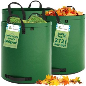 Drei grüne TTL GARDEN SUPER SOLID Gartensäcke (272 L, 200 g/qm) gefüllt mit Laub und Gras. Reißfestes 3er Set.