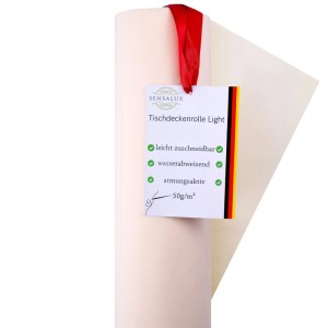 Cremefarbene Sensalux Tischdeckenrolle Light, 1,10 m breit, aufgerollt mit Etikett.