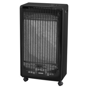 Schwarzer Rowi Gasheizofen Blue Flame mit Rollen und Gitter, 4200 Watt.