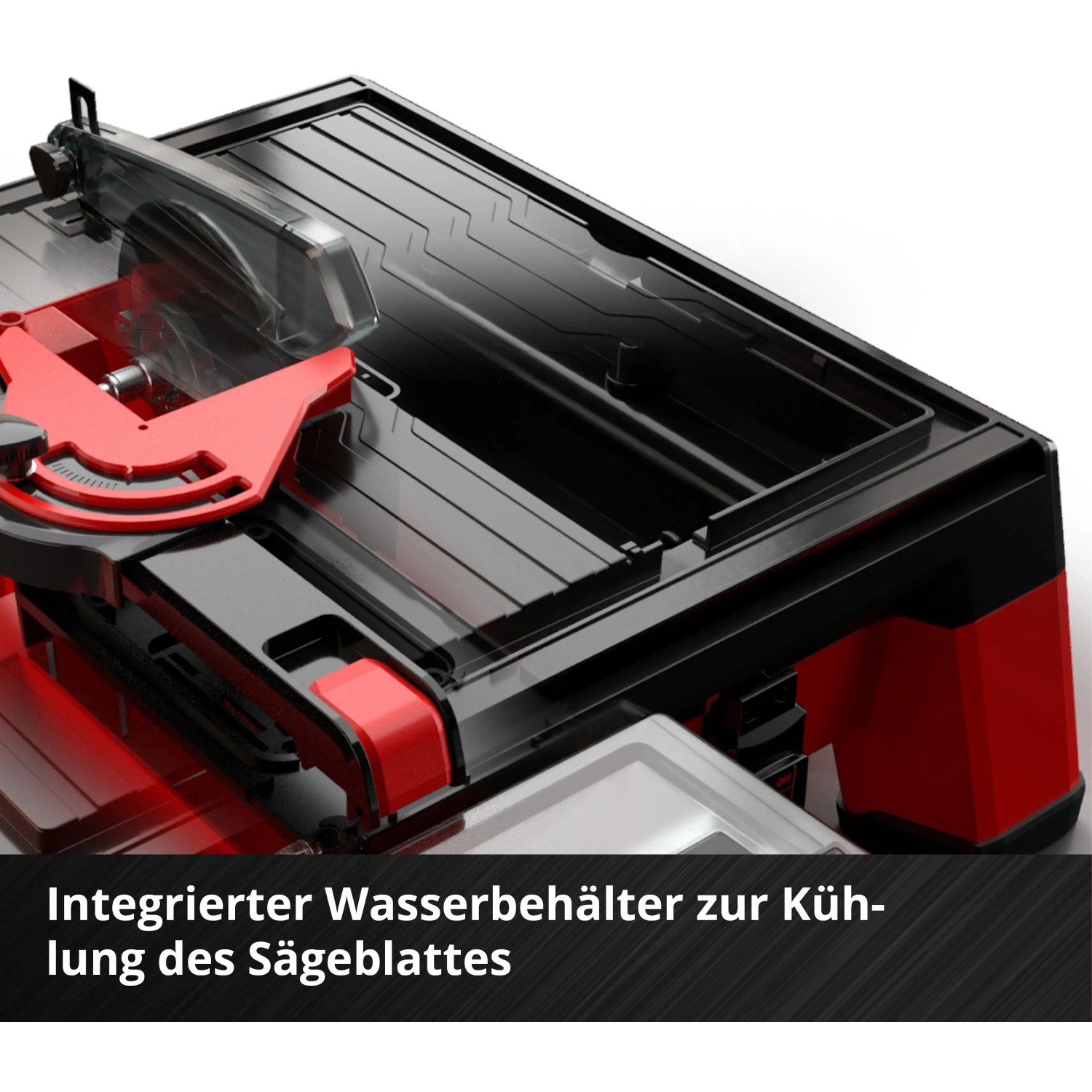 Einhell Akku-Fliesenschneider TE-TC 18/115 Li Solo: Tisch mit Winkelskala und integriertem Wasserbehälter.