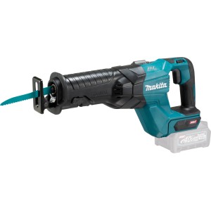 Makita Akku-Reciprosäge JR001GZ 40V, Säbelsäge mit blauem Sägeblatt.