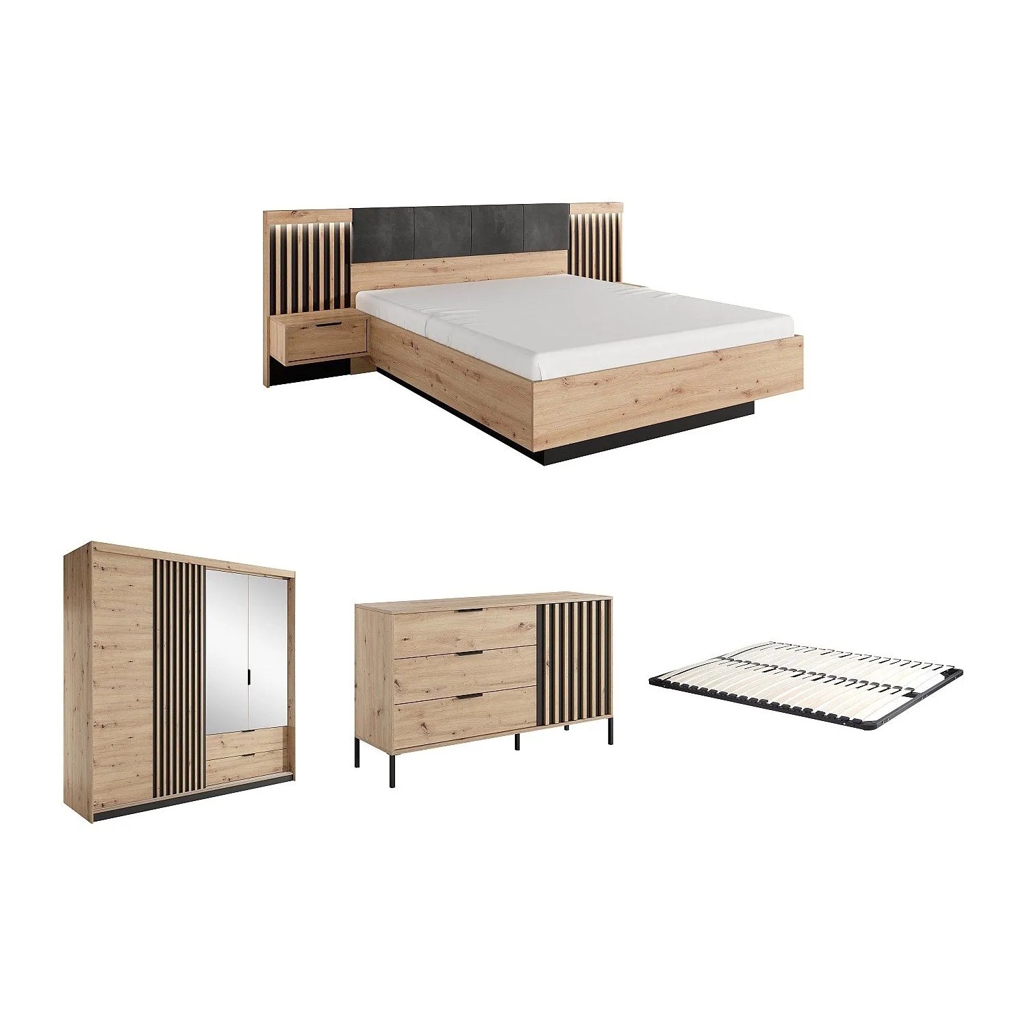 Vente-unique Schlafzimmer Komplett Ariada Schwarz  Naturfarben Hell 163.2 cm