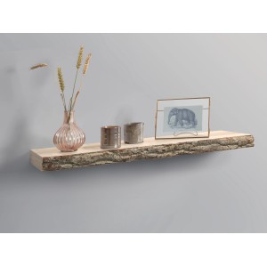 Holz-Wandregal Carlton Eiche Weiß, 80cm breit, mit Deko auf grauem Hintergrund.