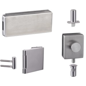 Beschlag-Set für Glastüren, Edelstahl gebürstet, bestehend aus Gegenkasten, Bänder, Türschnapper und Feststeller.