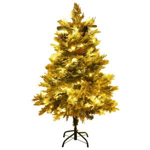Grüner vidaXL Weihnachtsbaum mit LEDs, 150 cm, mit Kiefernzapfen und Stahlständer.