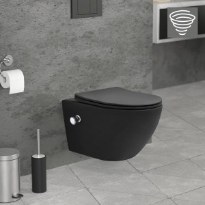 Schwarzes, spülrandloses LuxeBath Wand-WC mit Bidet-Funktion, lange Ausführung (53,5cm).