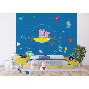 Fototapete mit Peppa Wutz im U-Boot, blaue Unterwasserwelt für Kinderzimmer.