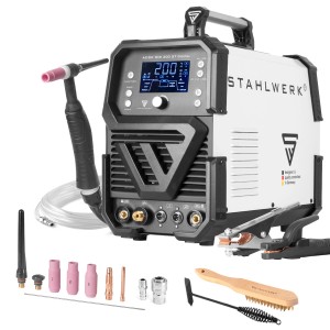 STAHLWERK ACDC WIG 200 ST Kombi-Schweißgerät mit Zubehör. Digitalanzeige, weißes Gehäuse.