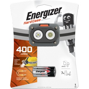 Energizer Hardcase Magnet Kopflampe mit 3xAAA Batterien, 400 Lumen, robust und sturzsicher.