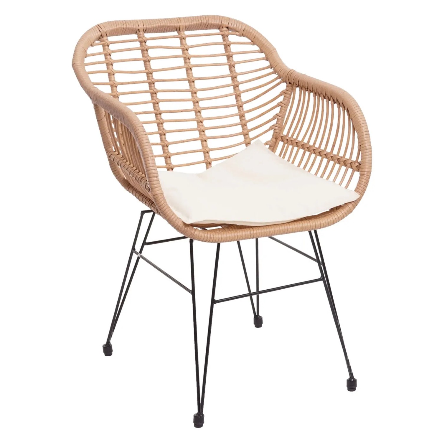 Sessel der 3-teiligen Poly-Rattan Lounge-Garnitur G17, naturfarben mit creme Kissen.