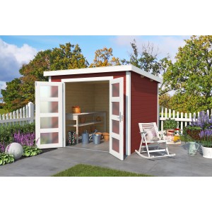 Lasita Holz-Gartenhaus Zambezi 3, schwedenrot, mit geöffneten Türen und Gartenmöbeln.