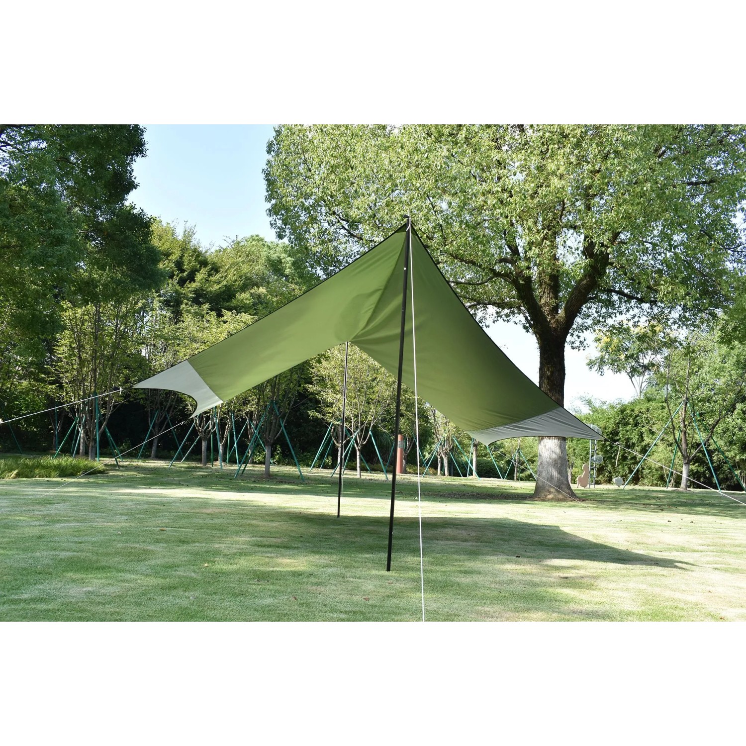 Leco Zeltplane 430x370 cm, grün-weiß, mit Tragetasche, als Sonnensegel im Garten aufgebaut.