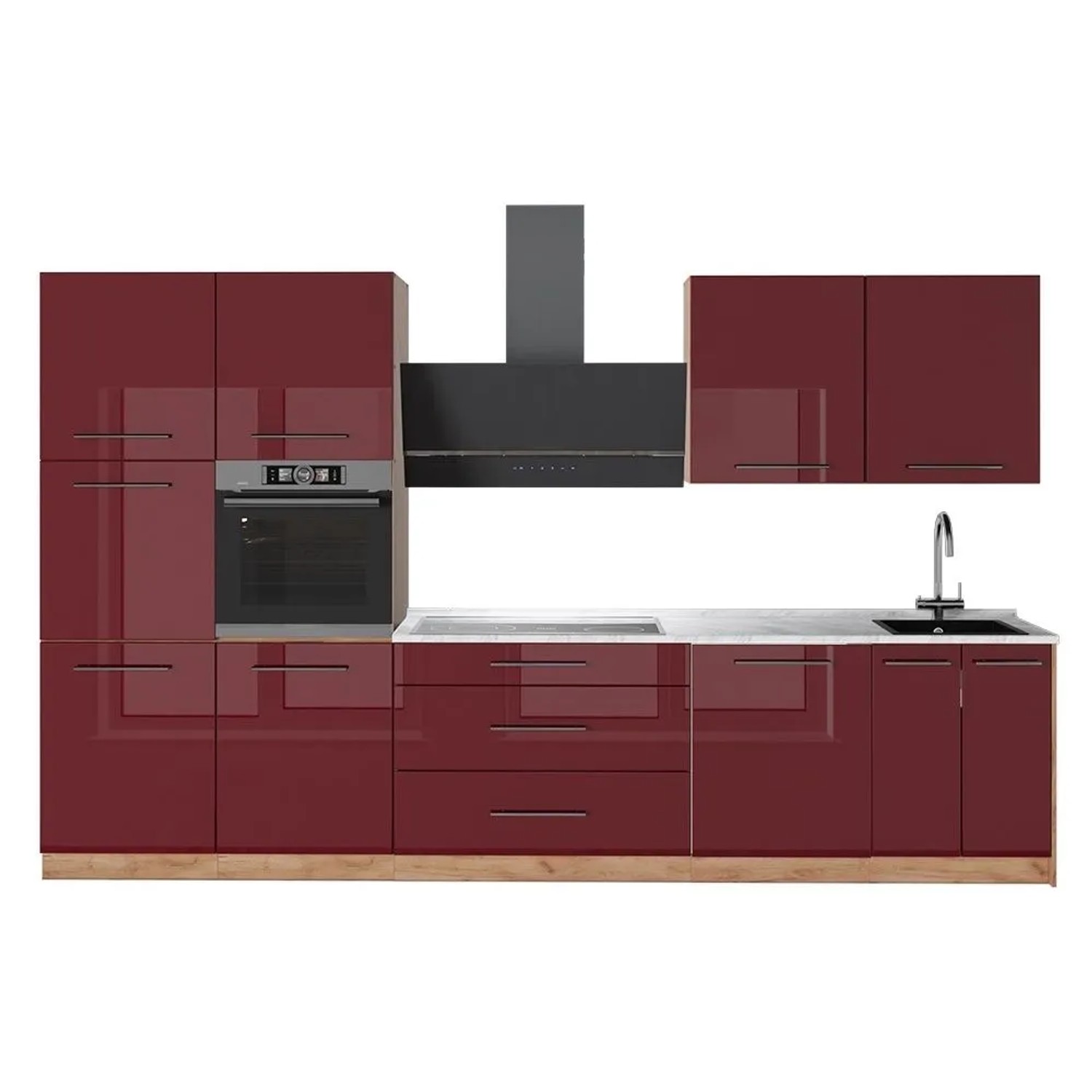 Vicco Küchenzeile Fame-Line Bordeaux Hochglanz/Goldkraft Eiche 340 x 207 AP Marmor Art Nr 64606