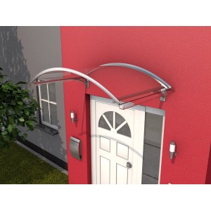 Klares Gutta Bogenvordach BV Secco, 32x150x90 cm, über einer weißen Haustür montiert.
