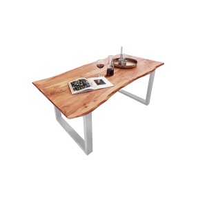 SAM Esstisch Akazie Natur mit Baumkante und silberfarbenen U-Gestell, 140x80 cm.