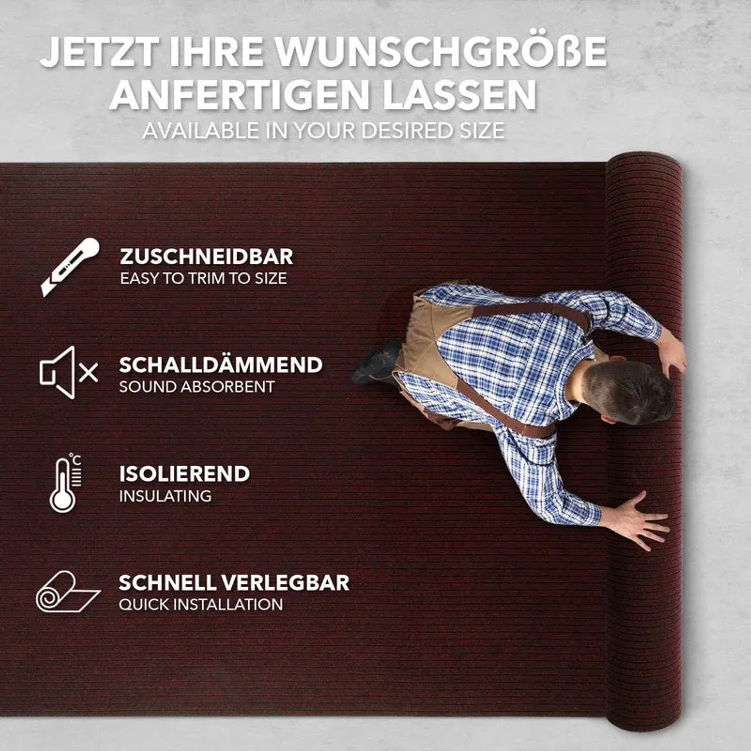 Roter Eventteppich Atlas auf Maß, mit Mann beim Verlegen. Vielseitig, robust und pflegeleicht.