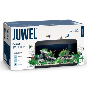 Verpackung des schwarzen Juwel Aquarium Primo 60 LED 2.0 Komplettsets mit Fischen und Pflanzen.