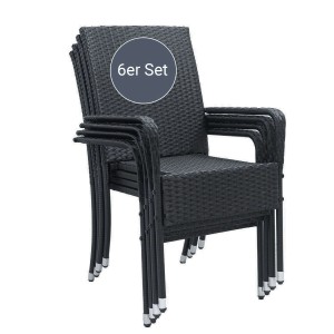 Stapelbare, schwarze Polyrattan Gartenstühle (6er Set) mit Armlehnen.