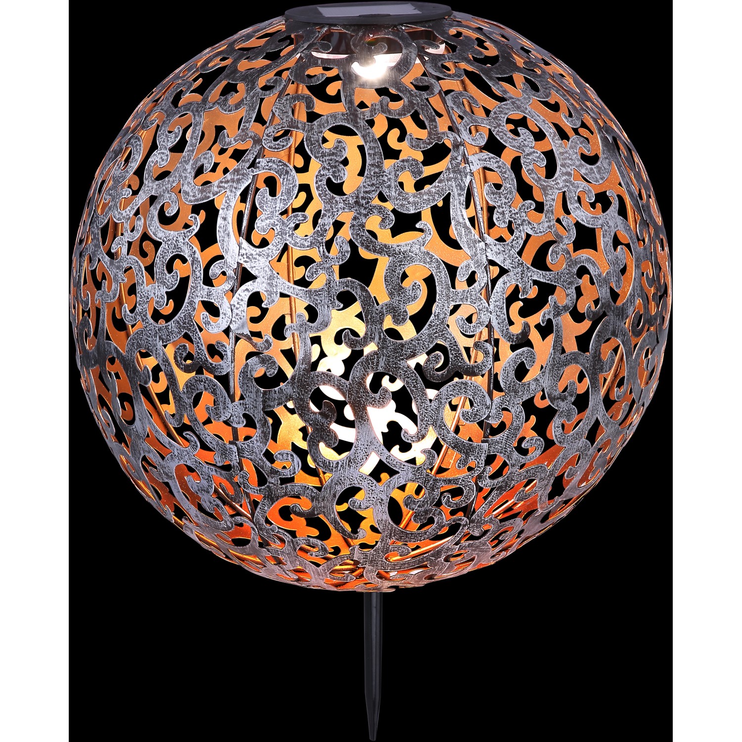 Silberne LED Solar Kugel Leuchte mit Dekogeflecht, 40 cm, für den Garten.