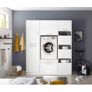 Respekta Hauswirtschaftsraum Set Clara, 200cm, Weiß Matt, mit Waschmaschinenschrank, Hoch- und Wäscheschrank.