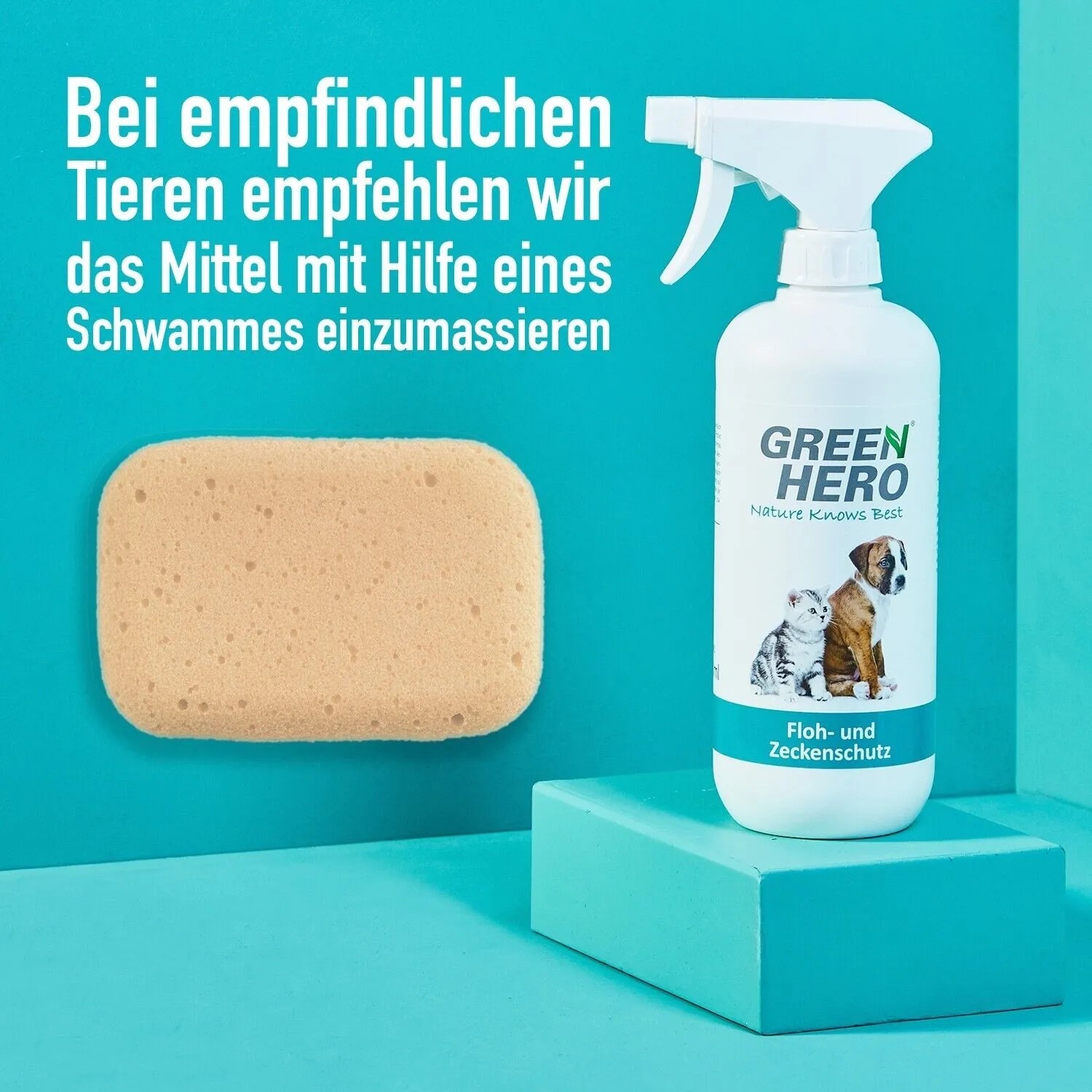GreenHero Floh- und Zeckenspray für Hunde & Katzen mit Schwamm zur Anwendung.