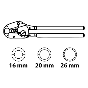 Kirchhoff Handpresszange mit Einsätzen für 16, 20, 26 mm Mehrschichtverbundrohre.